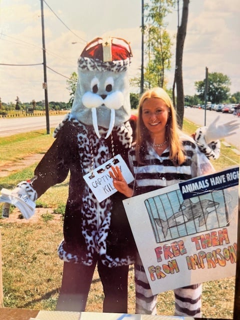 Mel protesting outside of Marineland