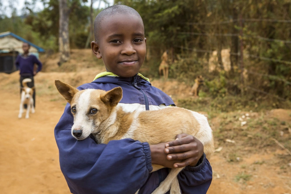 A young boy bringing his dog to be vaccinated